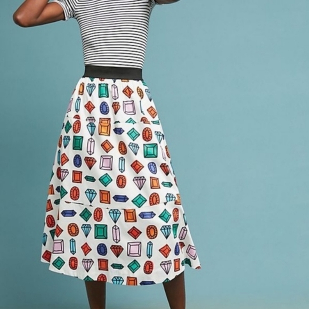 NWT Maeve Anthropologie Gemstone Print Midi Skirt Pockets Elastic Waist